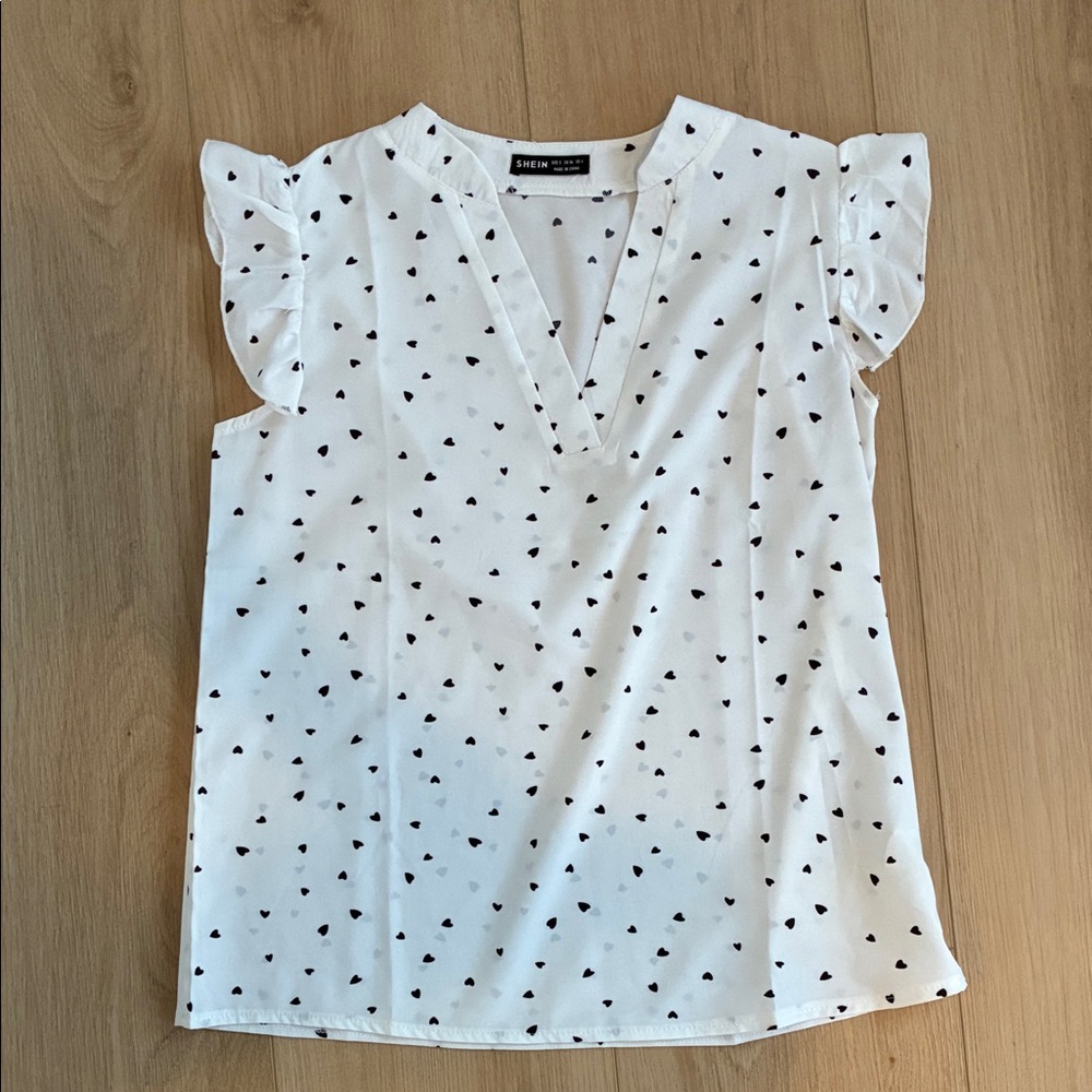 SHEIN White Blouse with Black Heart Print and Ruffle Sleeves